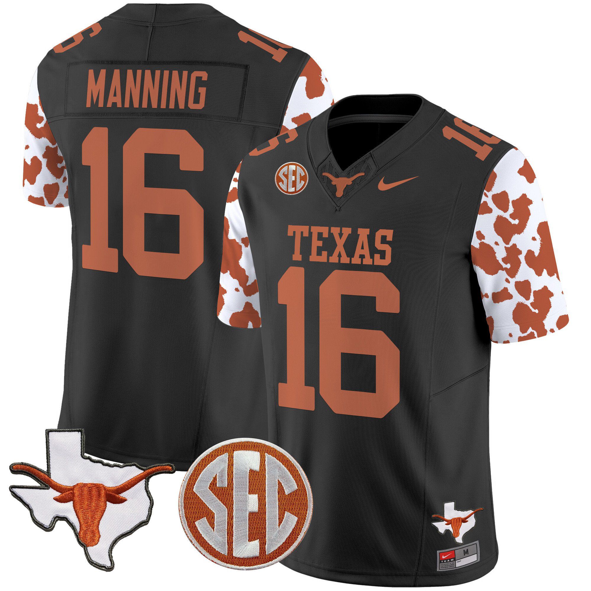 Men Texas Longhorns #16 Manning Black 2024 Nike Cow Spots Vapor Limited NCAA Jersey